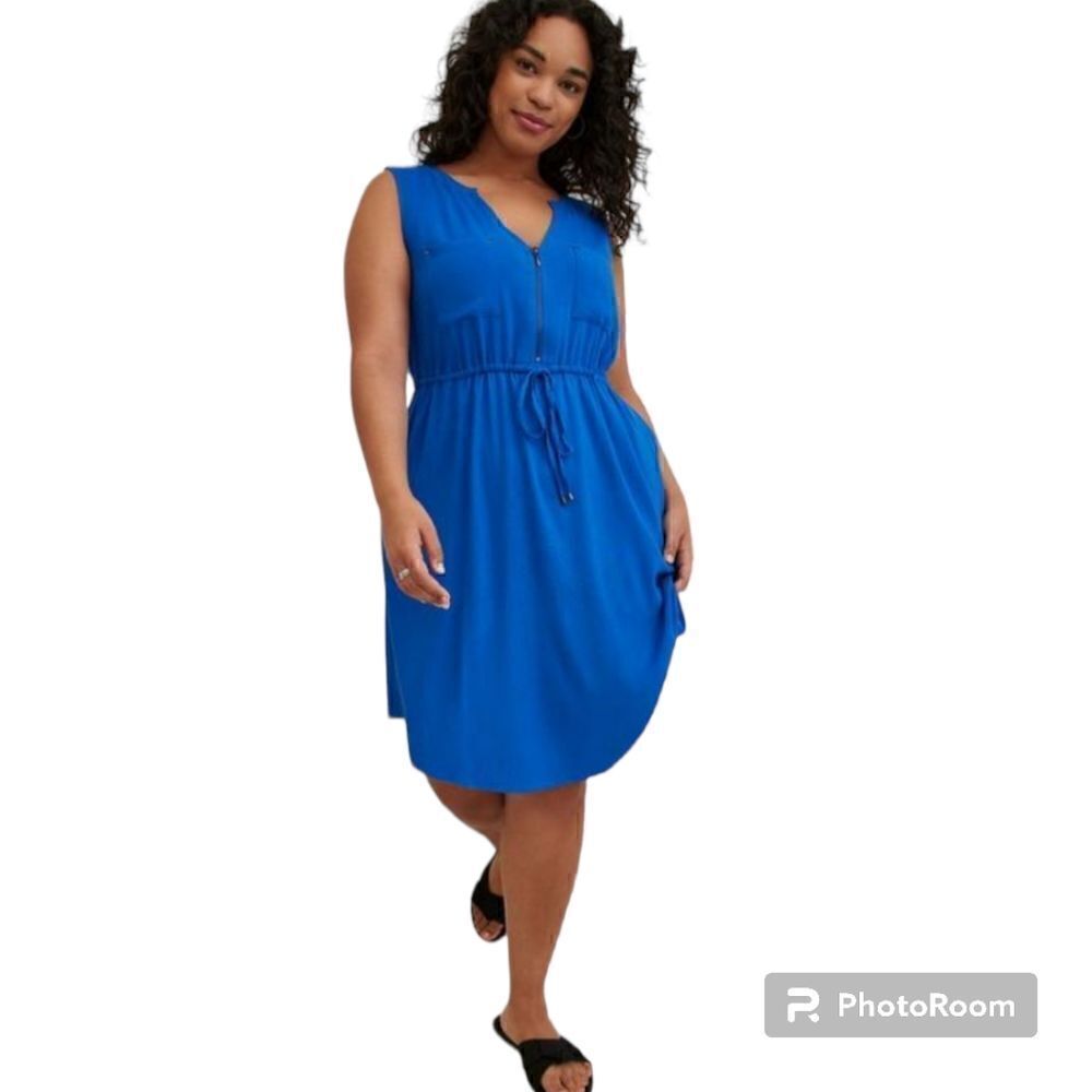 6X 30W Torrid Blue Mini Textured Rayon Shirt Dress Zip V Neck Drawstring Chest p